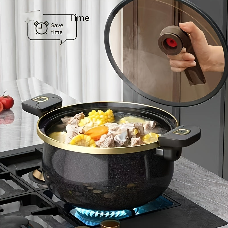 Pentola multiuso a doppia maniglia da 7 litri, disponibile in tre colori, con una generosa capacità di 25,4 cm, in ferro spesso, con coperchio in vetro e bordo dorato. Perfetta per zuppe, stufati e altro, ideale come regalo di Halloween e Natale in un mag