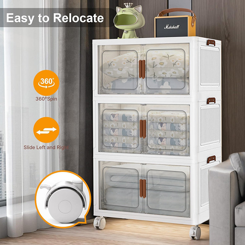 Mobiletto pieghevole extra large in plastica resistente da 50 cm con ante - Organizer pieghevole con mobilità a 4 ruote, design a 2/3/4/5 strati, mobile da pavimento salvaspazio con ante anteriori e superiori trasparenti per armadio, camera da letto, cuci