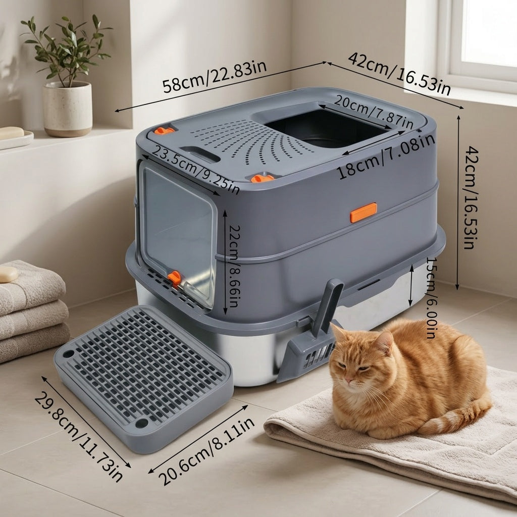 Lettiera per gatti extra large in acciaio inossidabile con coperchio - Misura XL, sponde alte, a prova di perdite, design facile da pulire, include paletta - Adatta per più gatti e razze di grandi dimensioni