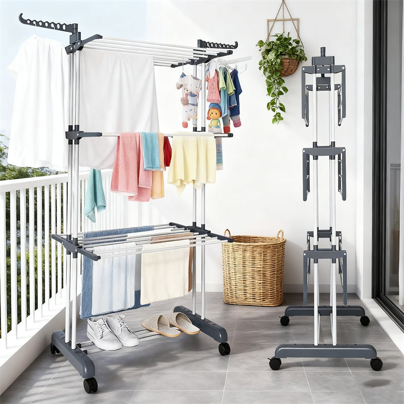 1pz Stendibiancheria a Pavimento, Stendibiancheria Telescopico Mobile a 3 Livelli, Multifunzionale per Casa, Balcone/Esterno, Stendibiancheria Pieghevole per Abiti (Tipo a Rullo), Stendibiancheria