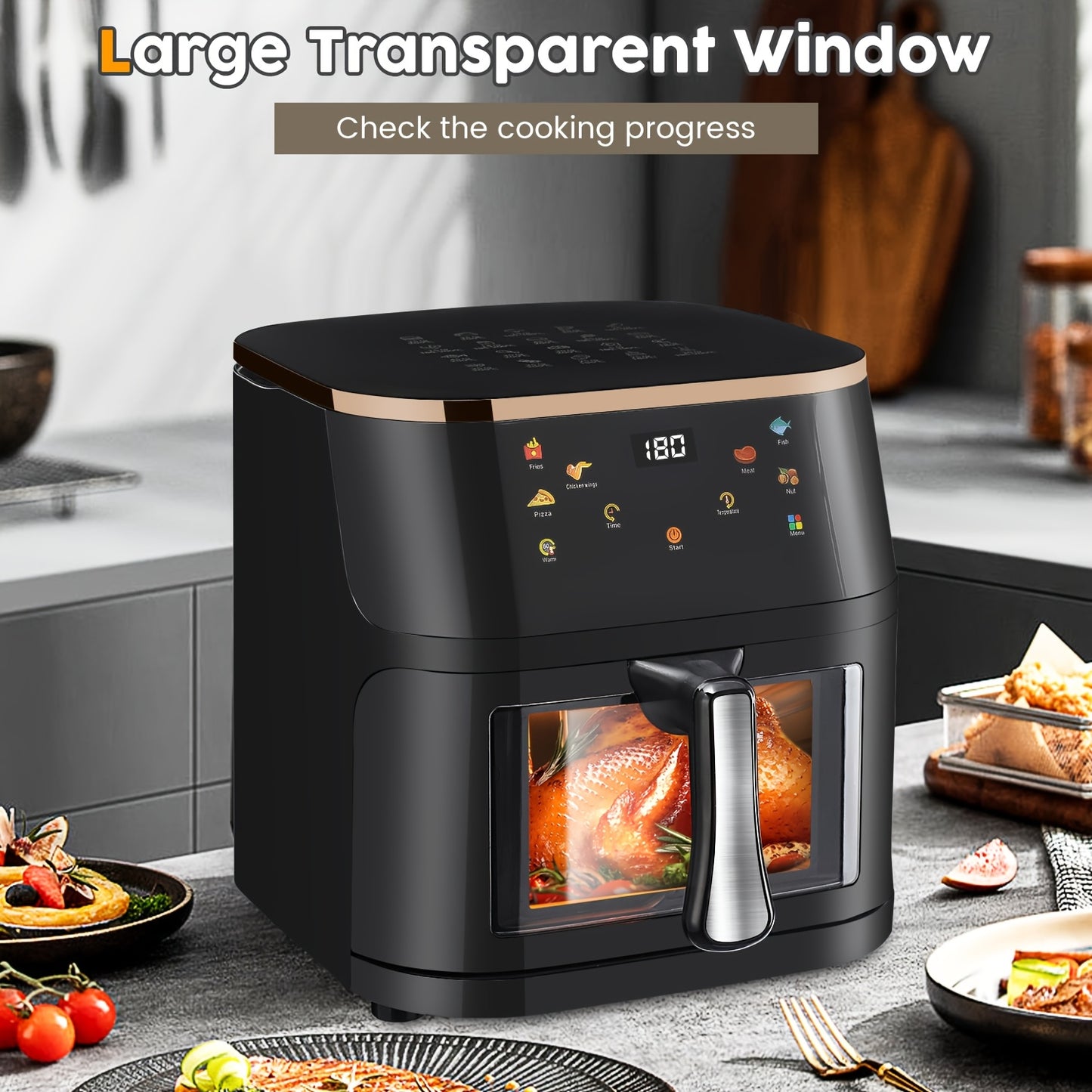 Friggitrice ad Aria Intelligente 6 in 1, Capacità di 10 Litri, Finestra Trasparente, 6 Modalità di Cottura Preimpostate, Controllo Touch, Timer da 60 Minuti, Temperatura Regolabile (80-200°C), Ideale per Barbecue Familiari e Pasti Sani a Basso Contenuto d