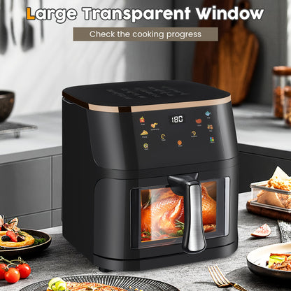Friggitrice ad Aria Intelligente 6 in 1, Capacità di 10 Litri, Finestra Trasparente, 6 Modalità di Cottura Preimpostate, Controllo Touch, Timer da 60 Minuti, Temperatura Regolabile (80-200°C), Ideale per Barbecue Familiari e Pasti Sani a Basso Contenuto d