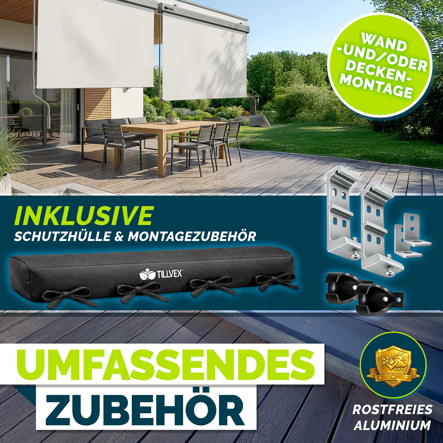 Tenda Verticale Tillvex® per Interni ed Esterni | Tenda Avvolgibile Impermeabile con Manovella per Balcone, Terrazza e Giardino | Tenda Avvolgibile in Alluminio per Protezione Solare | Schermo Privacy per Esterni
