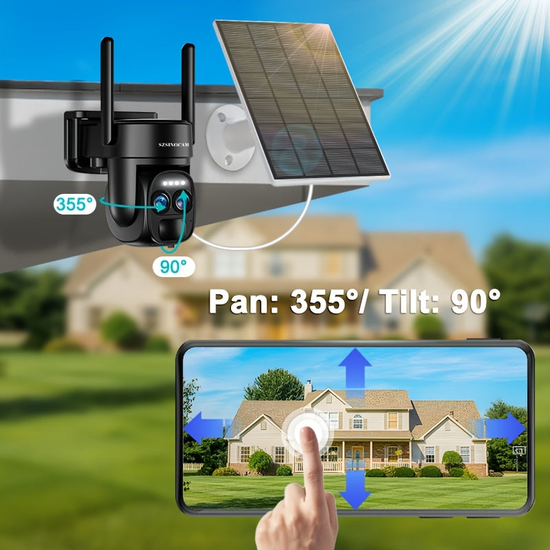 Telecamera di sicurezza 2K ad alta definizione con pannello solare, sistema di monitoraggio PTZ a doppia lente, faretto sportivo WiFi 2.4G, visione notturna a colori, chiamata bidirezionale, grandangolo ultra ampio, rilevamento del movimento PIR, audio bi