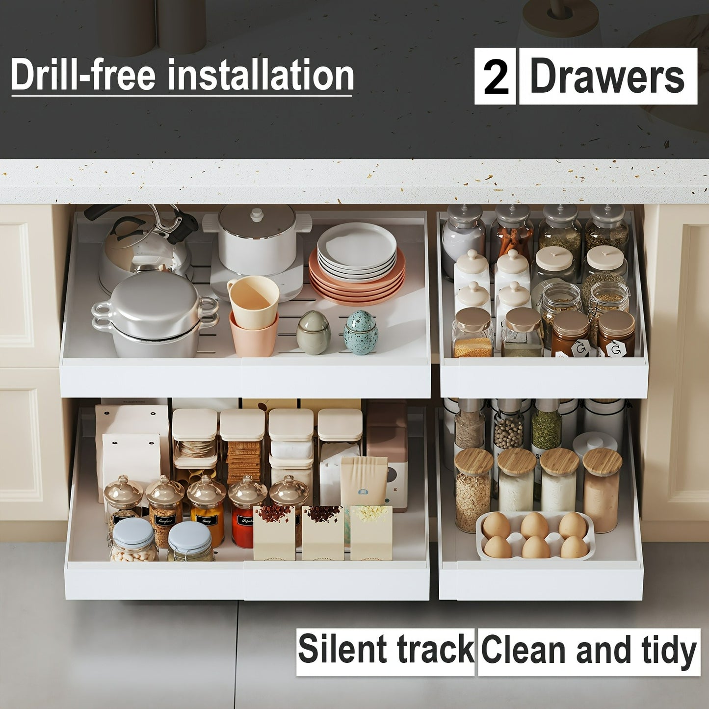 2 Pezzi Cassetti Estraibili Espandibili per Cucina, Set di 2 Scaffali Scorrevoli per Ripostiglio, Cestelli Estraibili per Lavello Senza Foratura, Ripiani Facilmente Accessibili, Adatti per Bagni e Lavanderie, Organizzatore per Cucina, Organizzatore per Ar