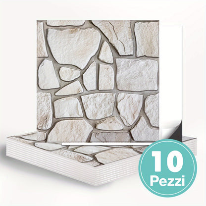 Questo pacchetto include dieci pannelli murali 3D autoadesivi con superficie in PVC effetto pietra, ciascuno misurato 30 per 30 centimetri, progettati per decorare pareti interne.