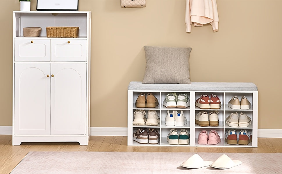 Panchina Portascarpe, Scaffale per Scarpe con Seduta, Panchina con Contenitore, Cuscino, 12 Scomparti, per Soggiorno, Ingresso, Camera da Letto, Bianco-grigio