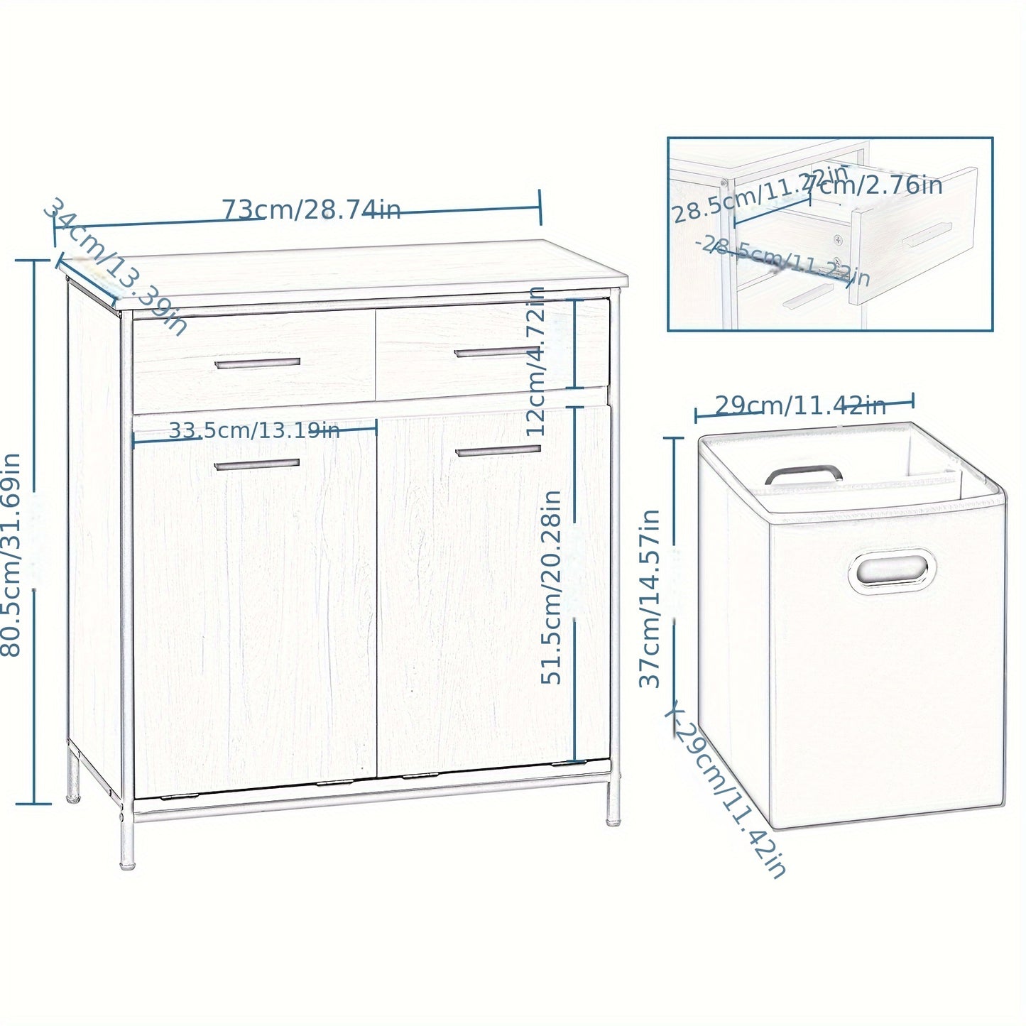 Un mobile da bagno con due sacchi portabiancheria pieghevoli, dotato di due cassetti, funge da contenitore e cestino per il bucato. Questo mobile da bagno, costruito con una struttura in metallo, è disponibile in legno bianco chiaro e finitura nera, misur