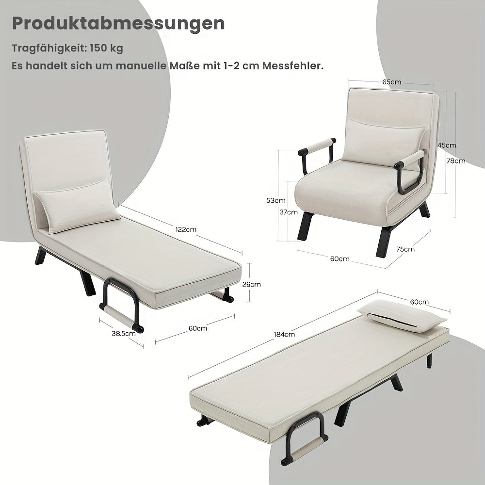1 pz Sedia Elegante per Sala da Pranzo, Divano Letto 3 in 1, Letto per Ospiti, Poltrona Pieghevole con Schienale Regolabile, Cuscino Rimovibile, Adatto per Camera da Letto, Soggiorno, Ufficio, Capacità di Carico 150 Kg