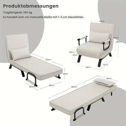 1 pz Sedia Elegante per Sala da Pranzo, Divano Letto 3 in 1, Letto per Ospiti, Poltrona Pieghevole con Schienale Regolabile, Cuscino Rimovibile, Adatto per Camera da Letto, Soggiorno, Ufficio, Capacità di Carico 150 Kg