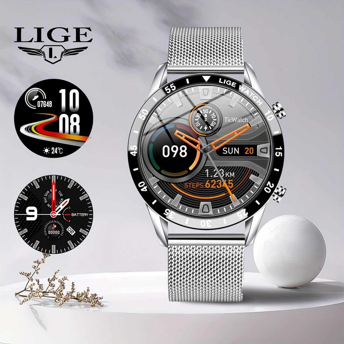 Orologio Intelligente LIGE con Schermo Touch Completo da 3,53 cm. Funzione di Controllo Musicale/Avviso Informazioni Chiamate/Conteggio Calorie. Orologi da Polso Sportivi Multifunzionali per Esterni per Android e iPhone. Adatto per Regali a Uomini