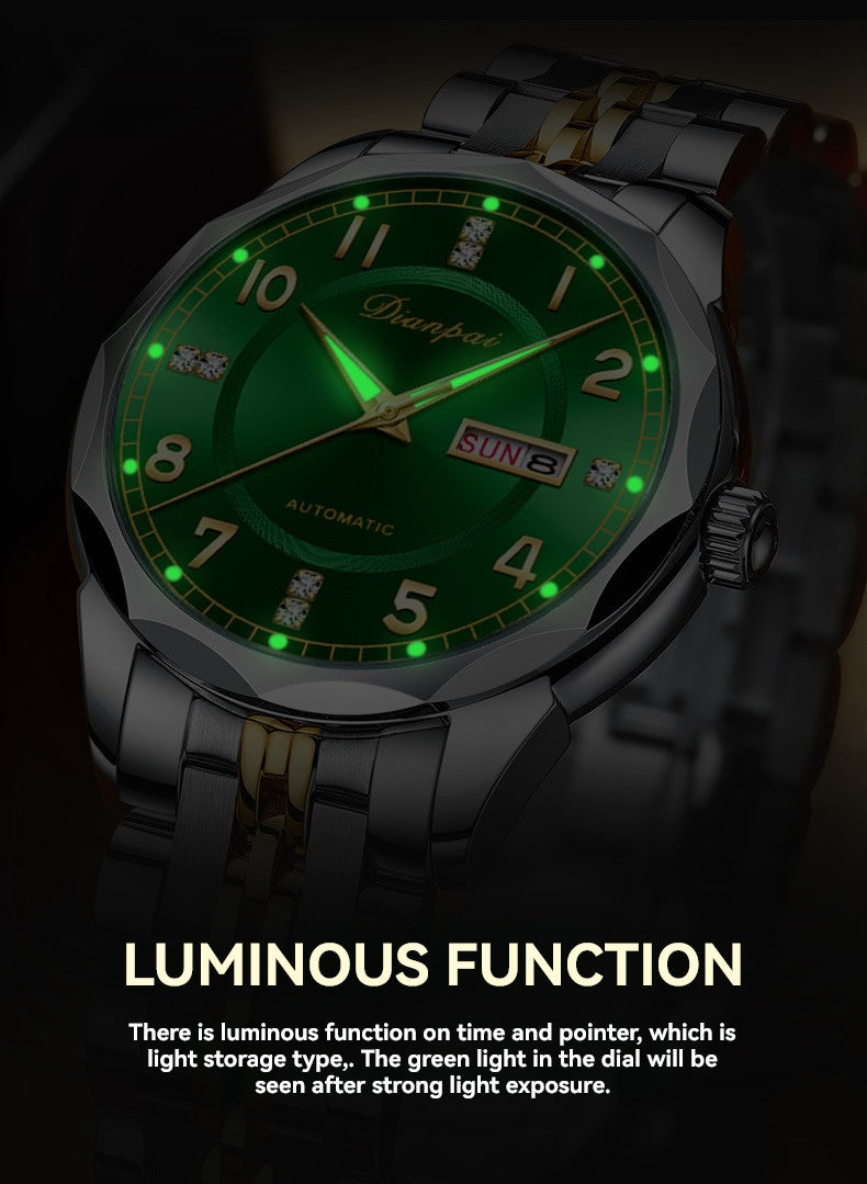 Orologio da polso meccanico automatico da uomo Dianpai - Acciaio inossidabile quadrante verde con indici dorati, indicatore della data, bracciale a catena da polso - Orologio di lusso per feste e casual, nessuna batteria richiesta, regalo ideale per lui,