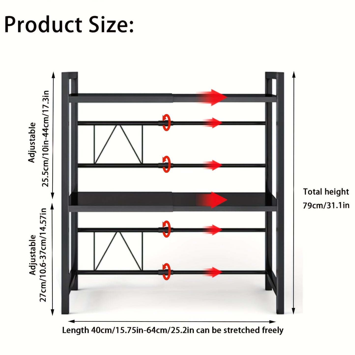 Scaffale per Microonde 3 Ripiani Estendibile con 6 Ganci, Mensola da Cucina, Porta Spezie, Organizzatore per Armadio Microonde, Nero, Estendibile da 40 a 64 cm