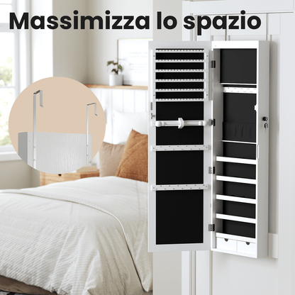 Armadietto Portagioie da Parete o Porta, con Specchio e 6 Lampadine LED, Serratura