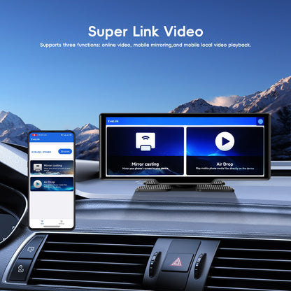 26,06 cm 4K Wireless CarPlay Android Auto Supporto Airplay SuperLink WiFi Video Fotocamera Dual DVR Anteriore e Posteriore B-T per Auto Camion Furgoni Supporto Fotocamera Posteriore con Registrazione in Loop e Riproduzione Video