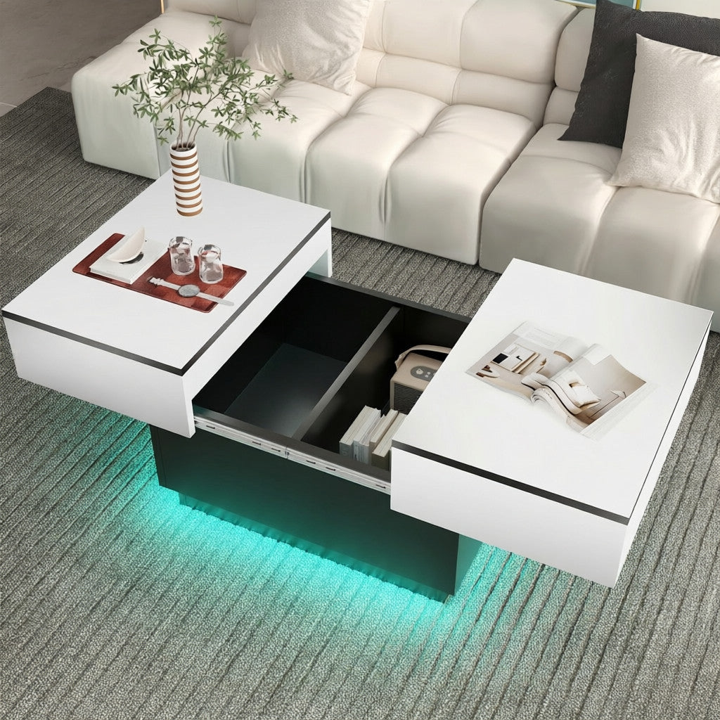 Tavolino da caffè bianco, Tavolino da salotto, Tavolino con 2 ripiani portaoggetti, 80x58x40 cm, Piano estendibile con striscia luminosa RGB, Mobile moderno per soggiorno, Sala riunioni