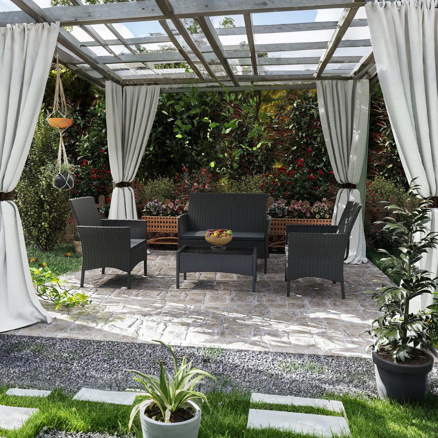 Mobili da giardino in rattan poli per balcone - set con divano a 2 posti, sedie singole e tavolo, cuscini imbottiti antracite - colorazione lounge (cuscini imbottiti antracite)