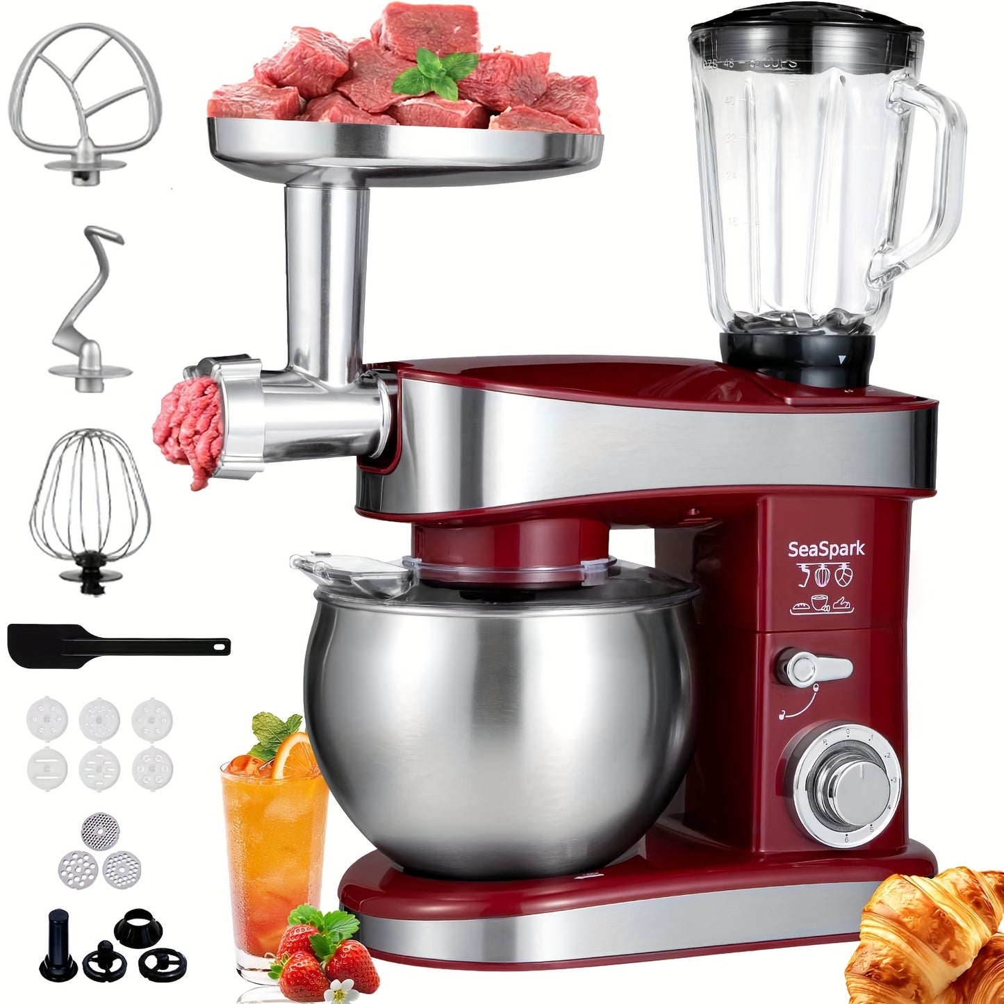 Robot da cucina 6 in 1, 1200W 6 velocità con pulsante a scatto, accessori con ciotola da 6L in acciaio inossidabile, impastatrice elettrica verticale, gancio per impasto, frusta, spatola, accessori per centrifuga, accessori per tritacarne e accessori per