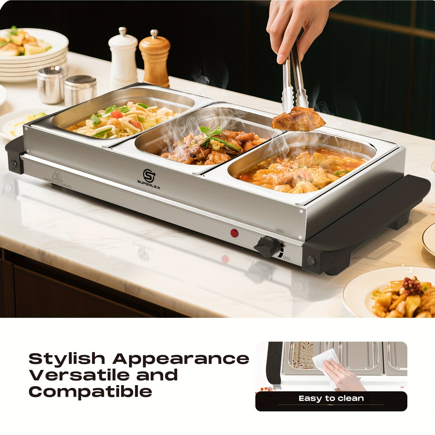 SUPERLEX Buffet Elettrico con Scaldavivande, Dotato di Tre Pentole da 1.5L, un Design Spazioso in Acciaio Inox, una Piastra Riscaldata con Coperchi Rimovibili, Impostazioni di Temperatura Regolabili e una Vassoio Riscaldante Portatile per Mantenere il Cal