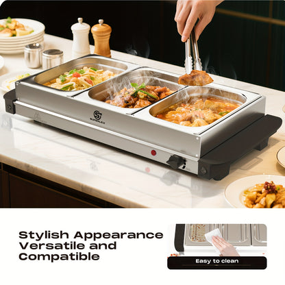 SUPERLEX Buffet Elettrico con Scaldavivande, Dotato di Tre Pentole da 1.5L, un Design Spazioso in Acciaio Inox, una Piastra Riscaldata con Coperchi Rimovibili, Impostazioni di Temperatura Regolabili e una Vassoio Riscaldante Portatile per Mantenere il Cal