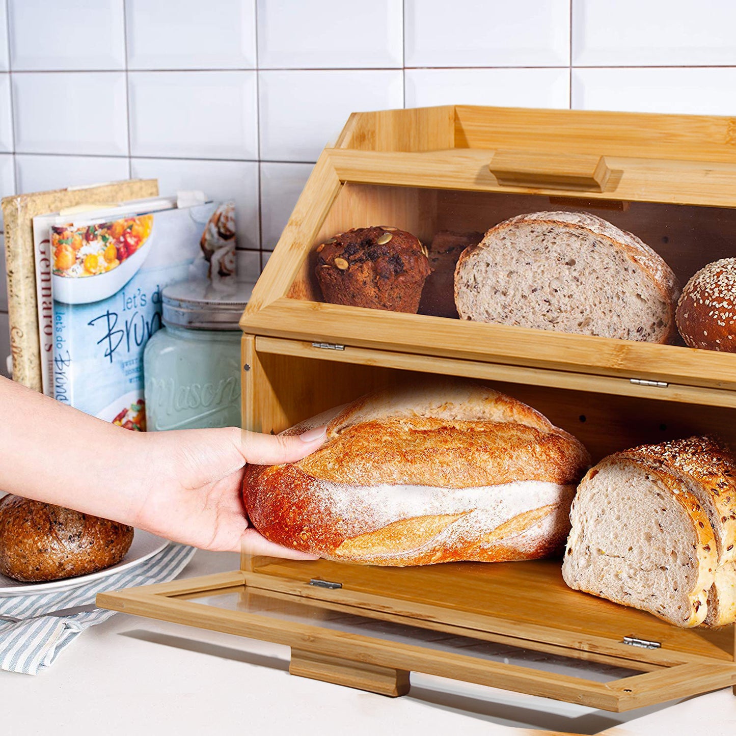 Contenitore per pane in bambù con ventilazione, cassetta per pane grande, 2 ripiani e finestra di visuale, contenitore per pane in legno, panini, contenitore per pane da cucina