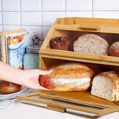 Contenitore per pane in bambù con ventilazione, cassetta per pane grande, 2 ripiani e finestra di visuale, contenitore per pane in legno, panini, contenitore per pane da cucina