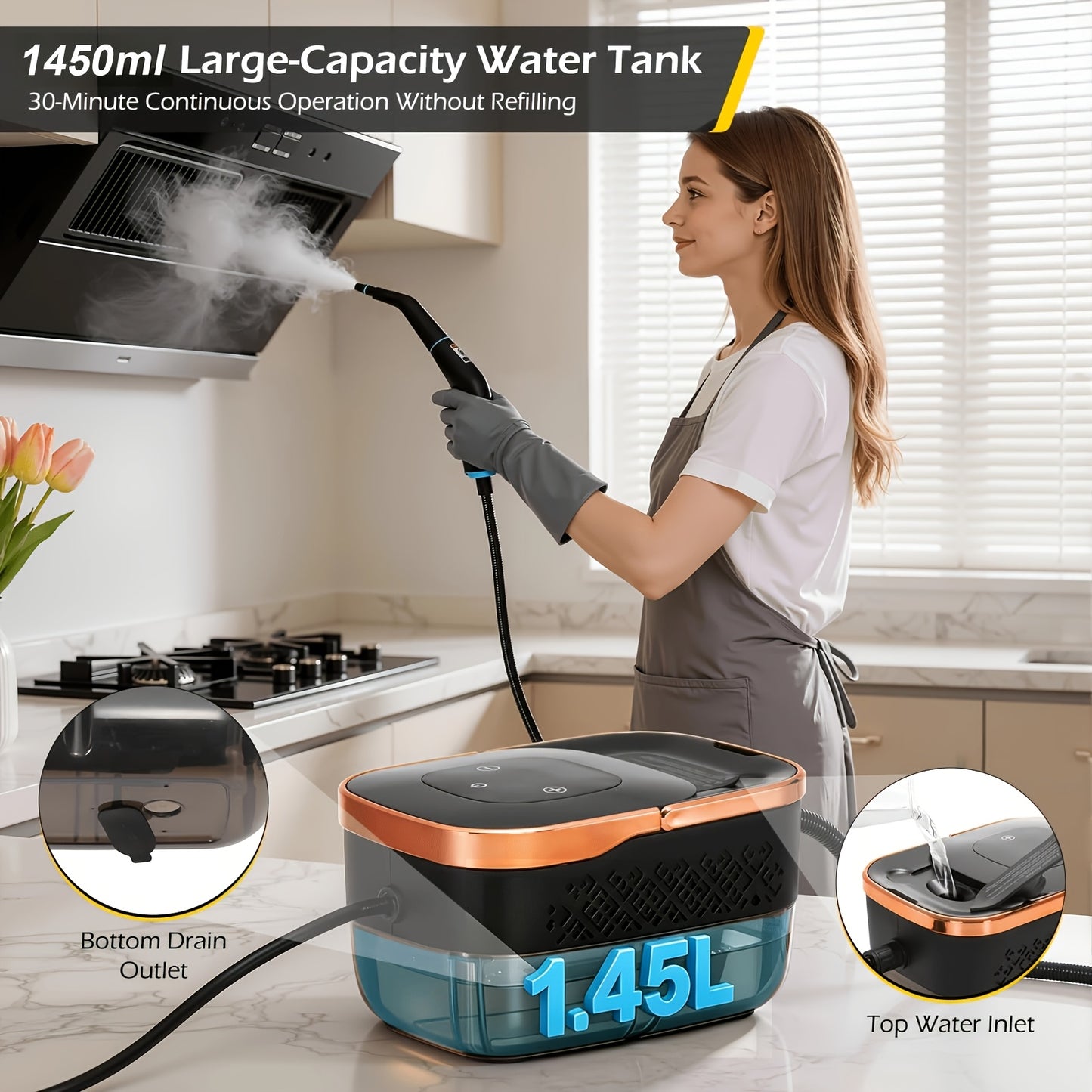 Pulitrice a vapore portatile per uso domestico, con più testine spazzola e 10 tipi di accessori, serbatoio 'acqua da 1450ml, preriscaldamento in soli 15s, adatta per casa, auto, cucina, bagno, piastrelle