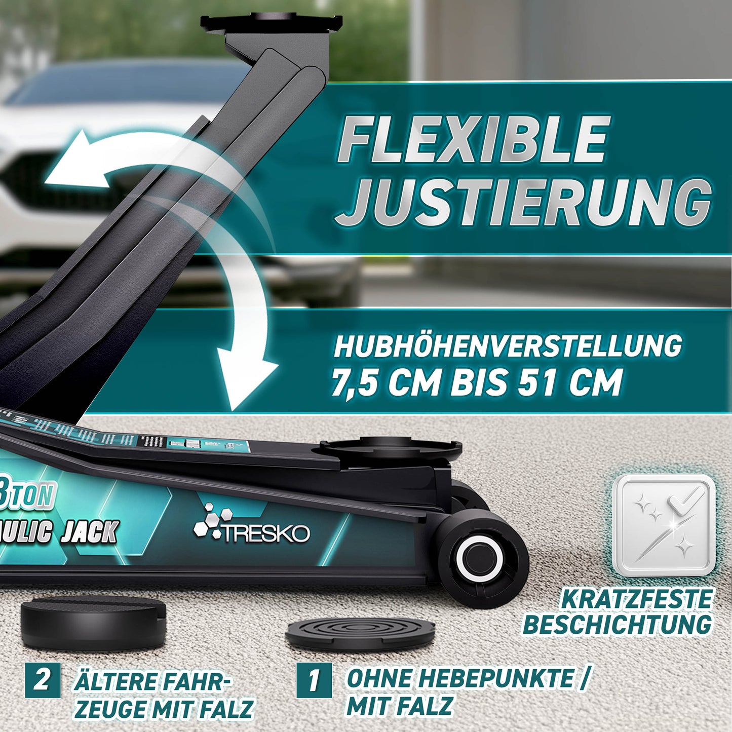 Cric idraulico per auto TRESKO® 2.5 - 3T | Cric idraulico per spostamento auto e SUV con ruote piane e a 360°, include 2 guarnizioni in gomma, tappetino protettivo, guanti