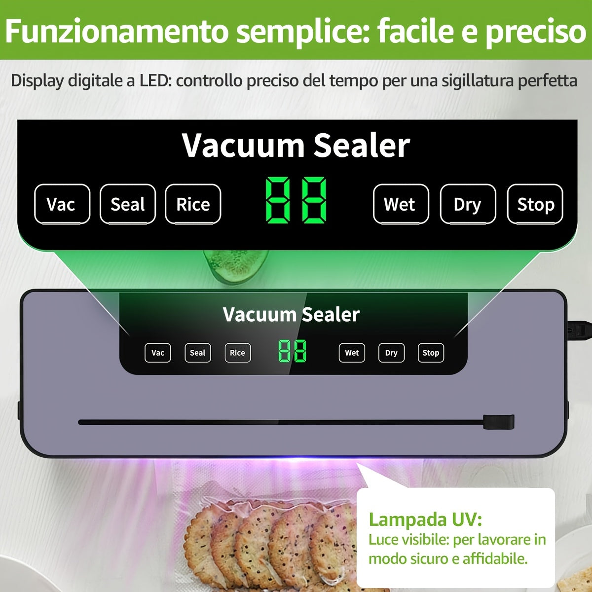 Macchina Sottovuoto con 20 Sacchetti Sottovuoto, 80KPA per la Conservazione di Alimenti Secchi e Umidi, Sistema di Sigillatura Automatico Sigillatrice di Alimenti Veloce e Compatta, Multifunzionale, Potente Macchina Sigillante per la Conservazione di Alim