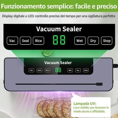 Macchina Sottovuoto con 20 Sacchetti Sottovuoto, 80KPA per la Conservazione di Alimenti Secchi e Umidi, Sistema di Sigillatura Automatico Sigillatrice di Alimenti Veloce e Compatta, Multifunzionale, Potente Macchina Sigillante per la Conservazione di Alim