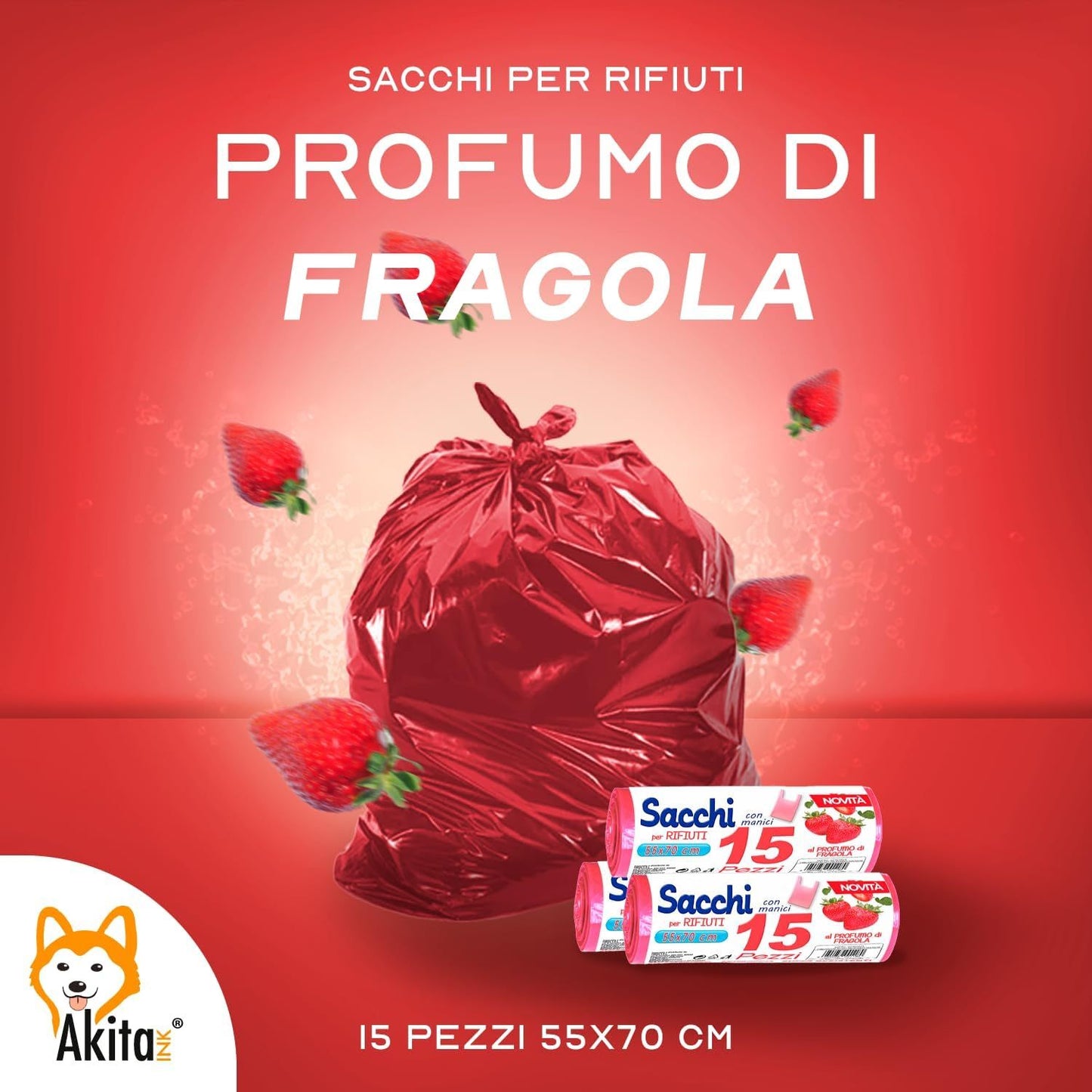 Akitaink Sacchi spazzatura Antiforo con Manici - Profumati - 120 pz da 45L | Misure 55x70cm | Vari Profumi: Brezza Marina, Fragola, Limone e Lavanda Made in Italy
