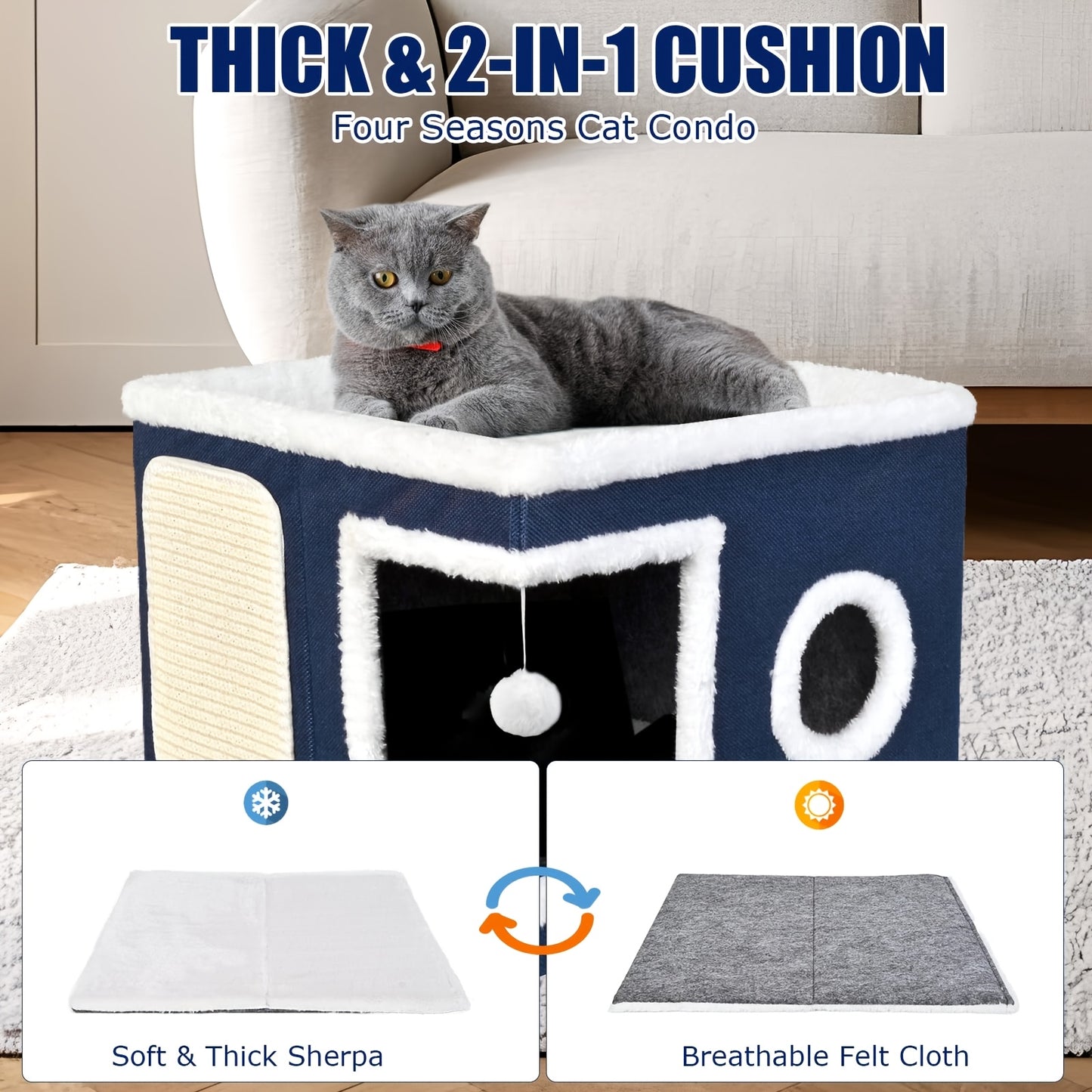 Cuccia per gatti con letti a 2 livelli, tunnel giocattolo, divano pieghevole, tiragraffi e palla sospesa in peluche - Struttura resistente in nylon, tela morbida, design chiuso per tutte le stagioni, facile da montare, cuccia a cubo per interni, unità di