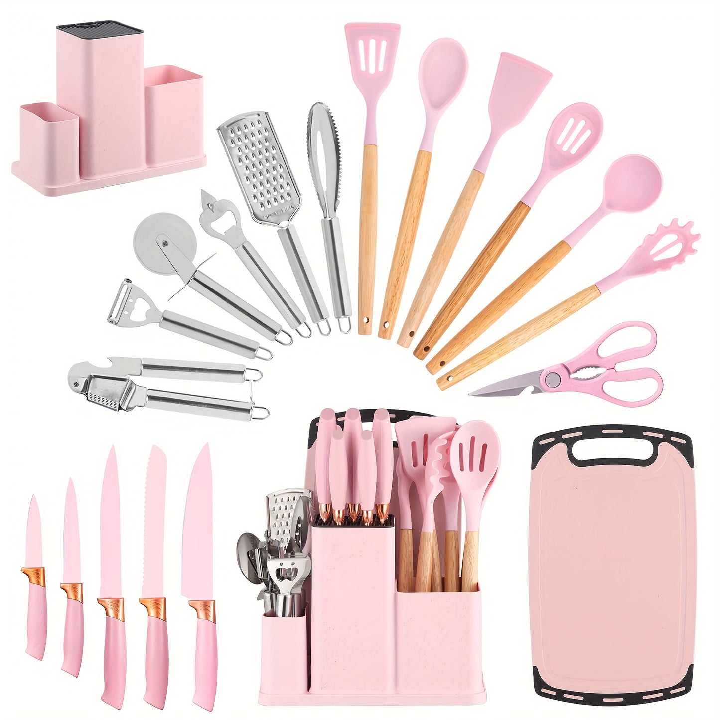 Collezione di 20 Coltelli Professionali con Porta Coltelli. Coltello da Chef, Mannaia, Coltello da Pane, Coltello per Affettare, Coltello per Disossare e Utensili da Cucina Completi. Struttura a Telaio Intero con Manici Antiscivolo per Taglio di Precision