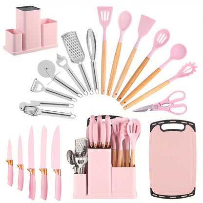 Collezione di 20 Coltelli Professionali con Porta Coltelli. Coltello da Chef, Mannaia, Coltello da Pane, Coltello per Affettare, Coltello per Disossare e Utensili da Cucina Completi. Struttura a Telaio Intero con Manici Antiscivolo per Taglio di Precision