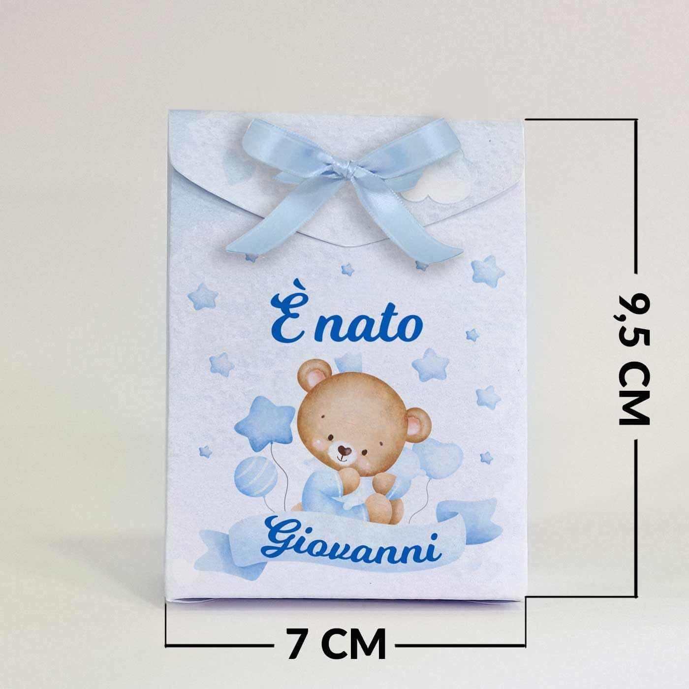 Set 8 Scatoline Bomboniere personalizzate con nome, Prima Nascita, Baby shower, scatole Portaconfetti + 4 mt. nastro raso, Festa nascita bimbo orsetto blu