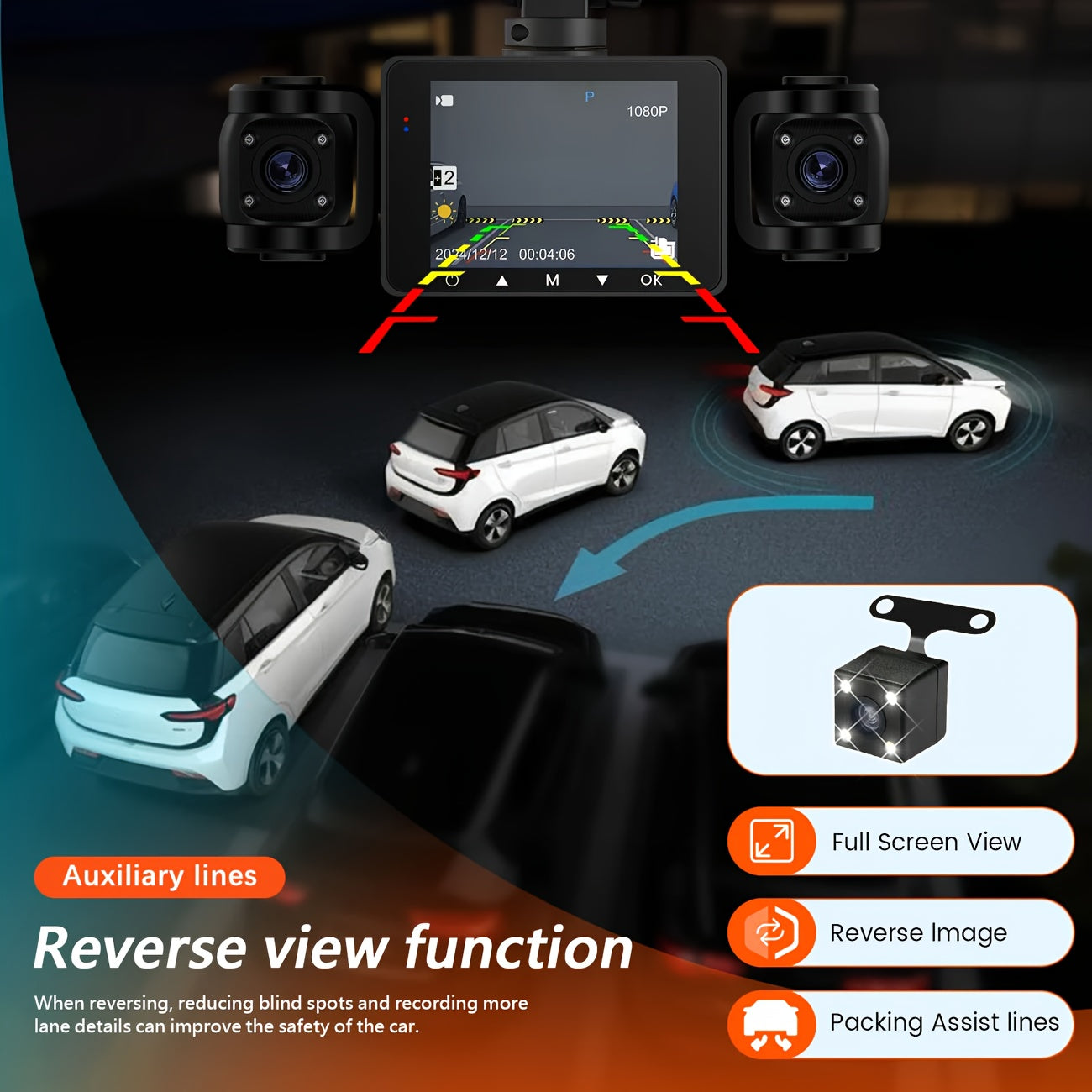 BCUOZ Dash Cam per auto 360 gradi con lente 3/4, 1080P, per auto, registrazione anteriore 1080P e posteriore/sinistra/destra 720P, con scheda di memoria da 64 GB, telecamera rotante a 360 gradi, registrazione in loop, Super Visione Notturna