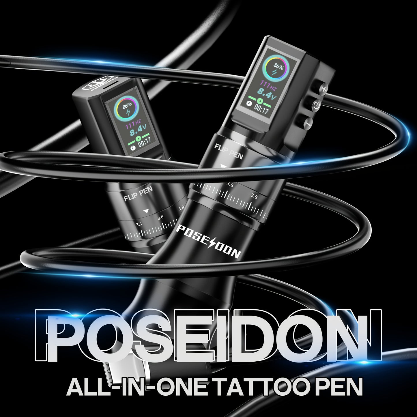 Kit Tatuaggio POSEIDON V3 PRO, Macchina per Tatuaggi con 20 Cartucce, Penna Tatuaggio Wireless con Batteria 1800mAh, Schermo LED a Colori HM128, 20 Aghi Cartuccia e 11 Inchiostri per Tatuaggi, Accessori per Principianti