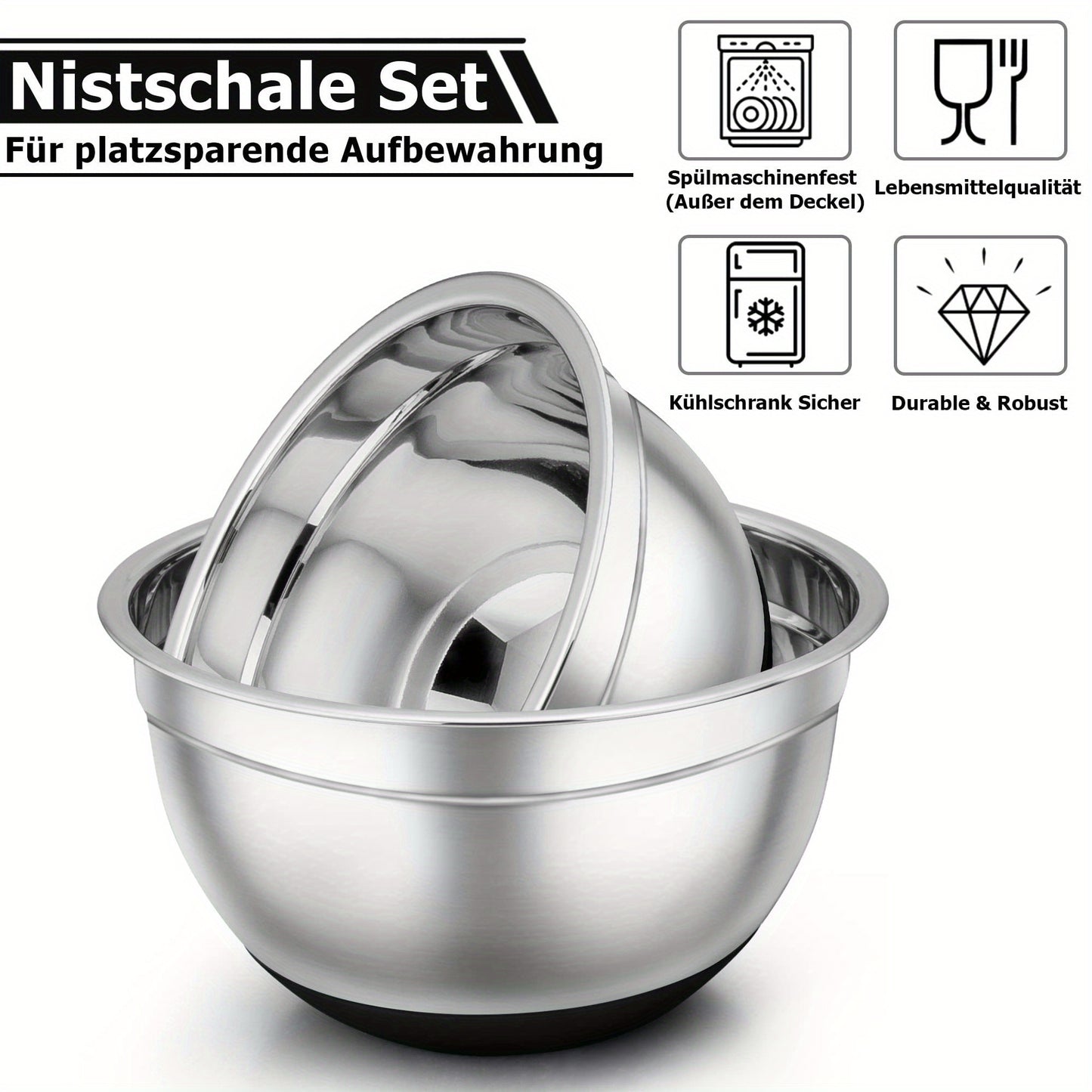7 Pezzi/Set Ciotole per Insalata in Acciaio Inossidabile Avanzato con Coperchi, Gruppo di Scodelle Impilabili Lavabili in Lavastoviglie, 5L, 4.5L, 4L, 2.4L, 1.7L, 1.25L, 0.8L, Confezione Mista