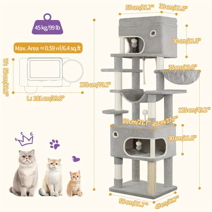 Tiragraffi per Gatti con Ampia Piattaforma, 178 Centimetri, 2 Grotte, 7 Pali per Graffiare, Palline di Peluche, Sedia a Dondolo, Amaca, Adatto a Tutte le Razze di Gatti, Grigio Chiaro, Grigio Scuro/Beige