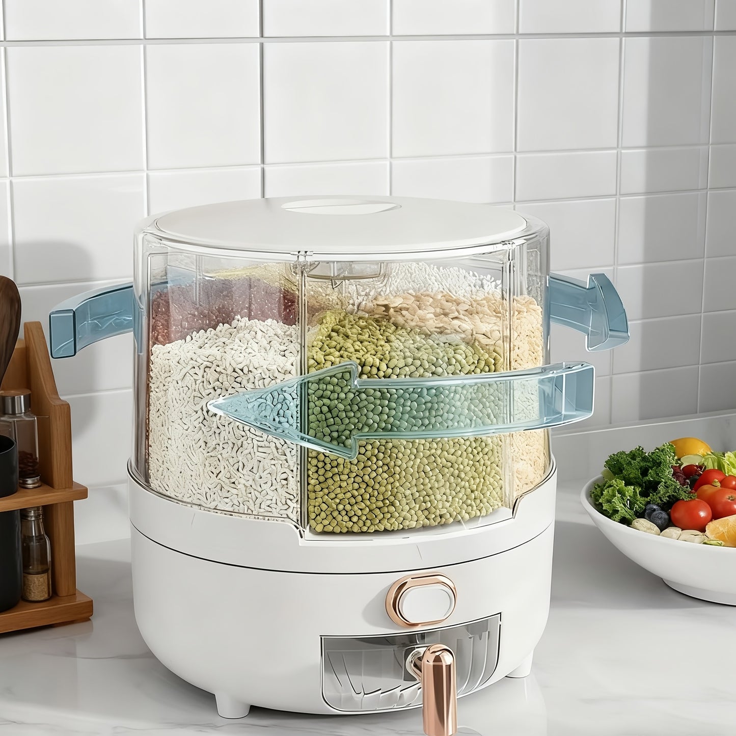 Contenitore Rotante per Cereali | PET | 6 Scomparti Antiumidità | Design a Tappo Ribaltabile Rotondo | Lavaggio Manuale Solo per Alimenti Secchi | 4,5 L (L. D. 22 X 25 cm)