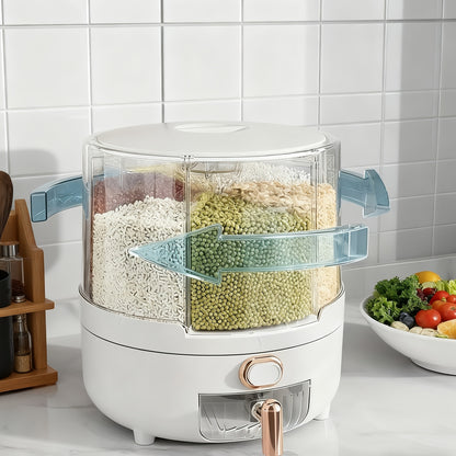 Contenitore Rotante per Cereali | PET | 6 Scomparti Antiumidità | Design a Tappo Ribaltabile Rotondo | Lavaggio Manuale Solo per Alimenti Secchi | 4,5 L (L. D. 22 X 25 cm)