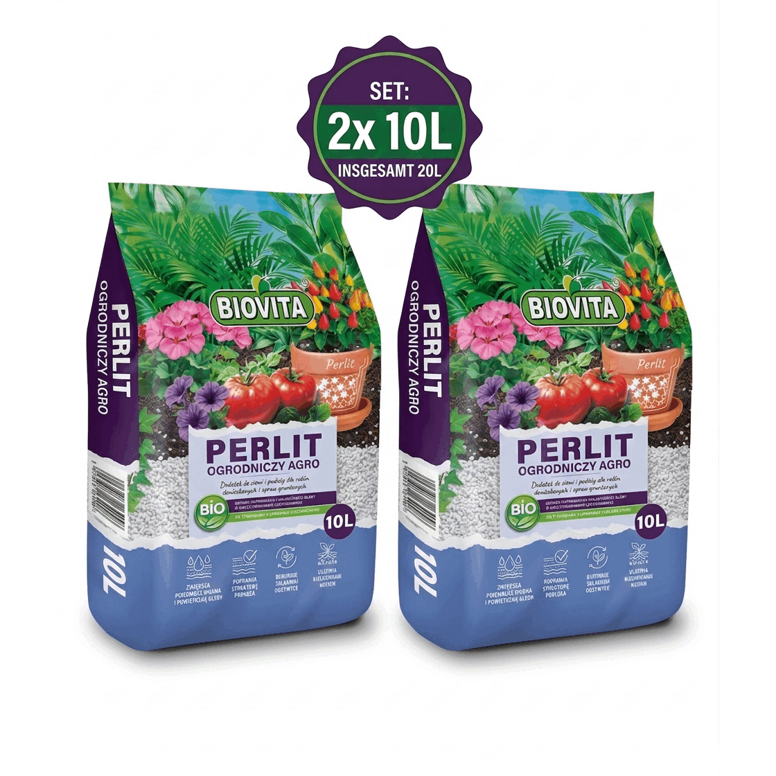 BIOVITA Perlite 20L - Perlite per Piante per Miglioramento del Substrato del Suolo - 3-6Mm - Miglioramento del Suolo - Substrato per lo Stoccaggio dell'Umidità - Ideale per Giardino e Piante da Interno