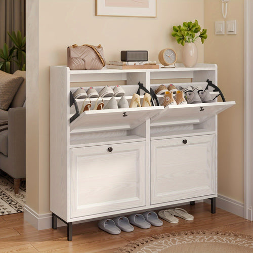 Scarpiera a quattro ante di grande capacità con design ventilato, scarpiera chiusa, spazioso ripiano, può contenere 20-24 paia di scarpe, design anti-ribaltamento, adatta per l'installazione in ingressi, corridoi e soggiorni, dimensioni: 99X24X91Cm