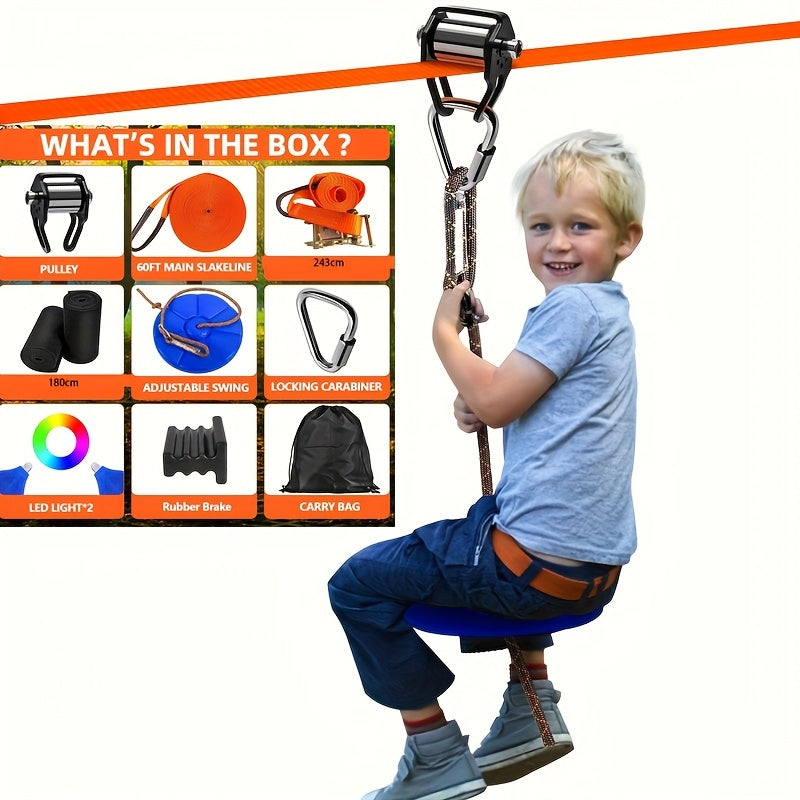Set da 9 pezzi per ziplining in giardino, include kit scivolo zipline da esterno, puleggia stretta con gancio triangolare, set cintura piatta arancione stretta, altalena blu in ABS, borsa nera, portachiavi blu e set di giocattoli da esterno