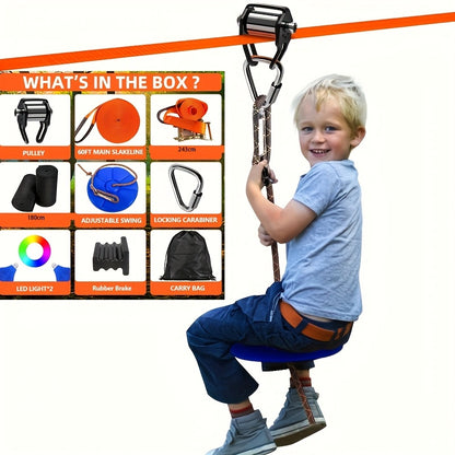 Set da 9 pezzi per ziplining in giardino, include kit scivolo zipline da esterno, puleggia stretta con gancio triangolare, set cintura piatta arancione stretta, altalena blu in ABS, borsa nera, portachiavi blu e set di giocattoli da esterno