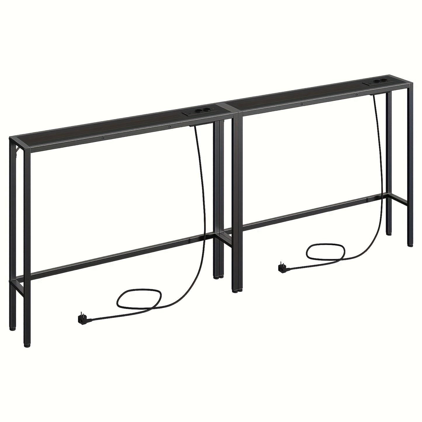 Set di 2 tavolini stretti da console per divano con stazione di ricarica, tavolino sottile dietro il divano, tavolino da ingresso adatto per soggiorno, corridoio, vestibolo, in marrone rustico e nero
