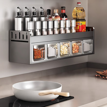 Organizzatore da Muro per Spezie in Acciaio Inox a 5 Scomparti con 5 Barattoli, Organizer Multifunzionale per la Cucina, Porta Spezie in Acciaio al Carbonio, Installazione Senza Trapano, Salvaspazio con Scomparti Multipli per la Cucina
