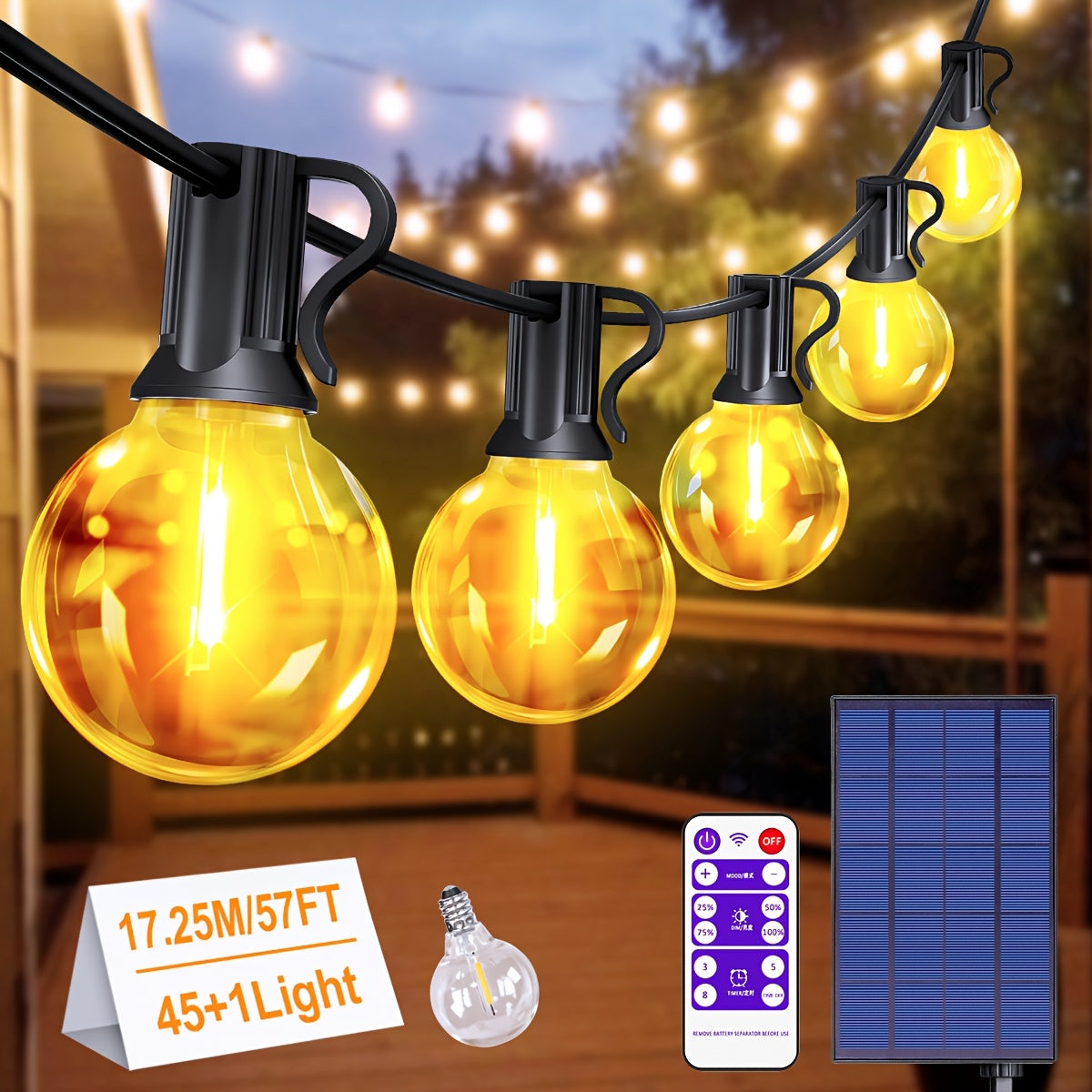 Luci a stringa solari G40, fino a 18m, IP65, 8 modalità, timer, dimmerabili, lampadine trasparenti con filamenti caldi, da appendere a patio/giardino, accensione/spegnimento automatico, LUCE per un'atmosfera perfetta