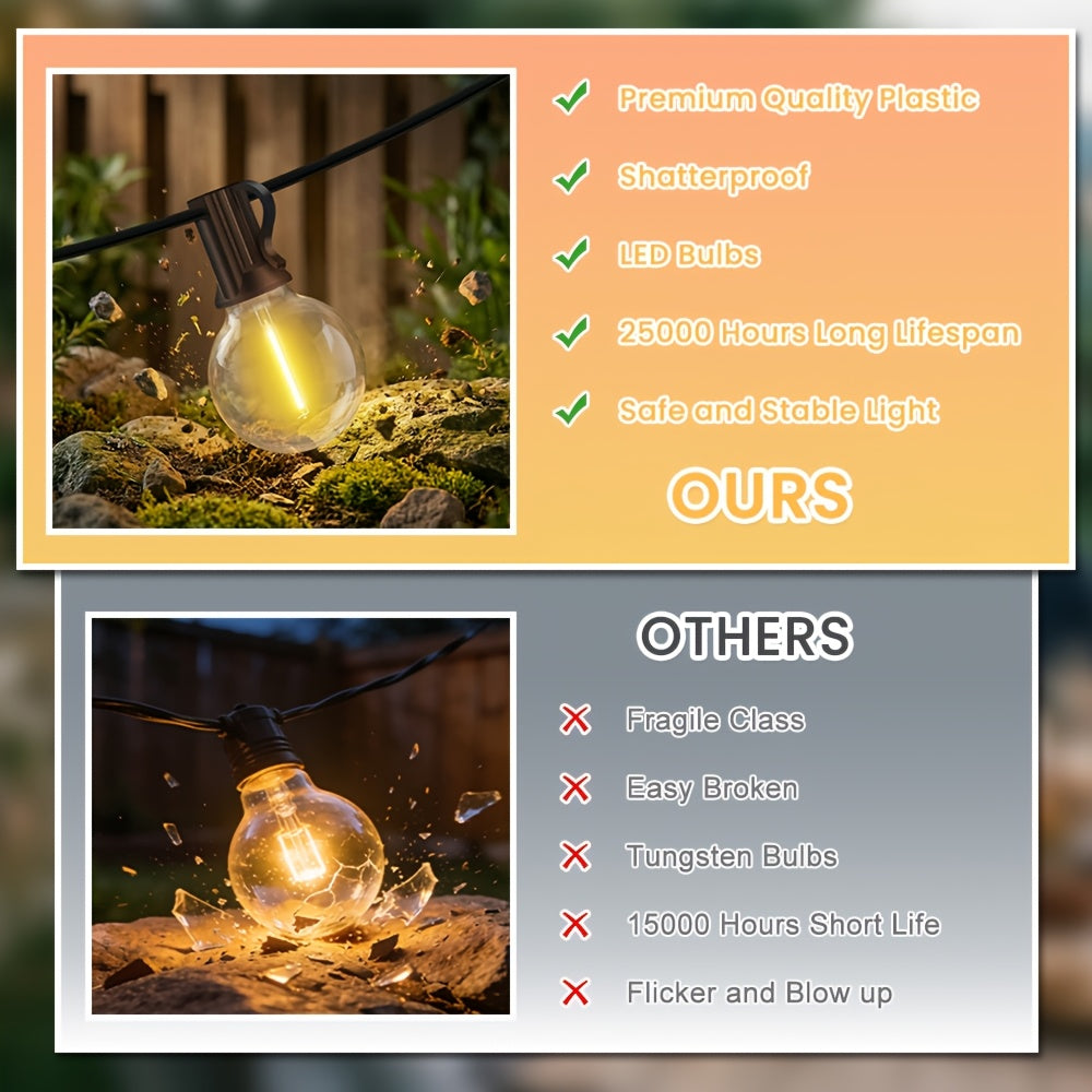 Catena Luminosa Solare LED G40 da Esterno, Opzionale 15.25/20.13/30.49 Metri, con Lampadine Infrangibili, IP44, 8 Modalità di Illuminazione e Funzione di Memoria, Adatta per Patio, Balcone, Terrazza, Giardino, Recinzione e Decorazioni Natalizie