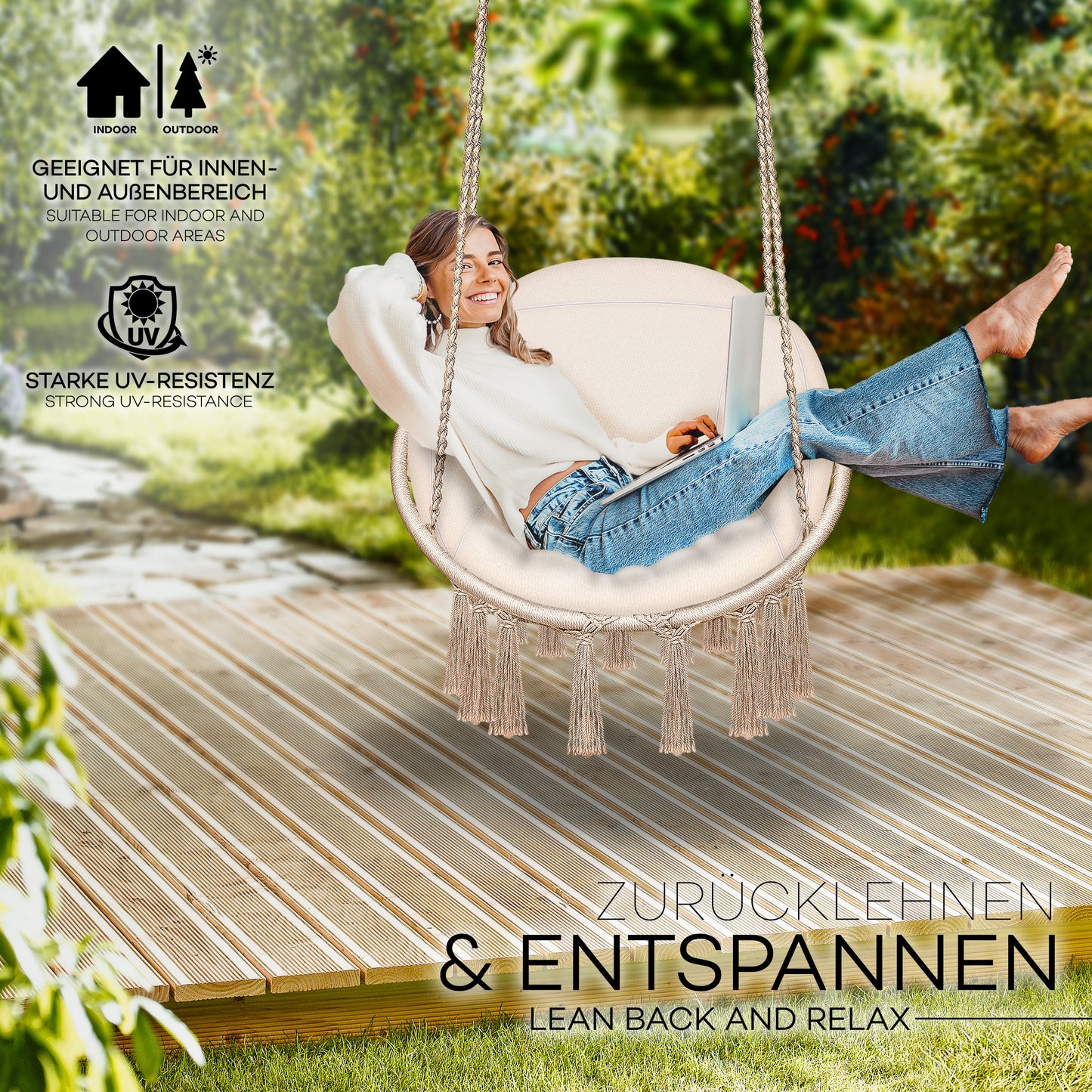 Sedia sospesa da esterno Tillvex®, capacità 200 kg, sedia sospesa XL da interno con cuscino, cesta a dondolo resistente alle intemperie, altalena sospesa con cuscino